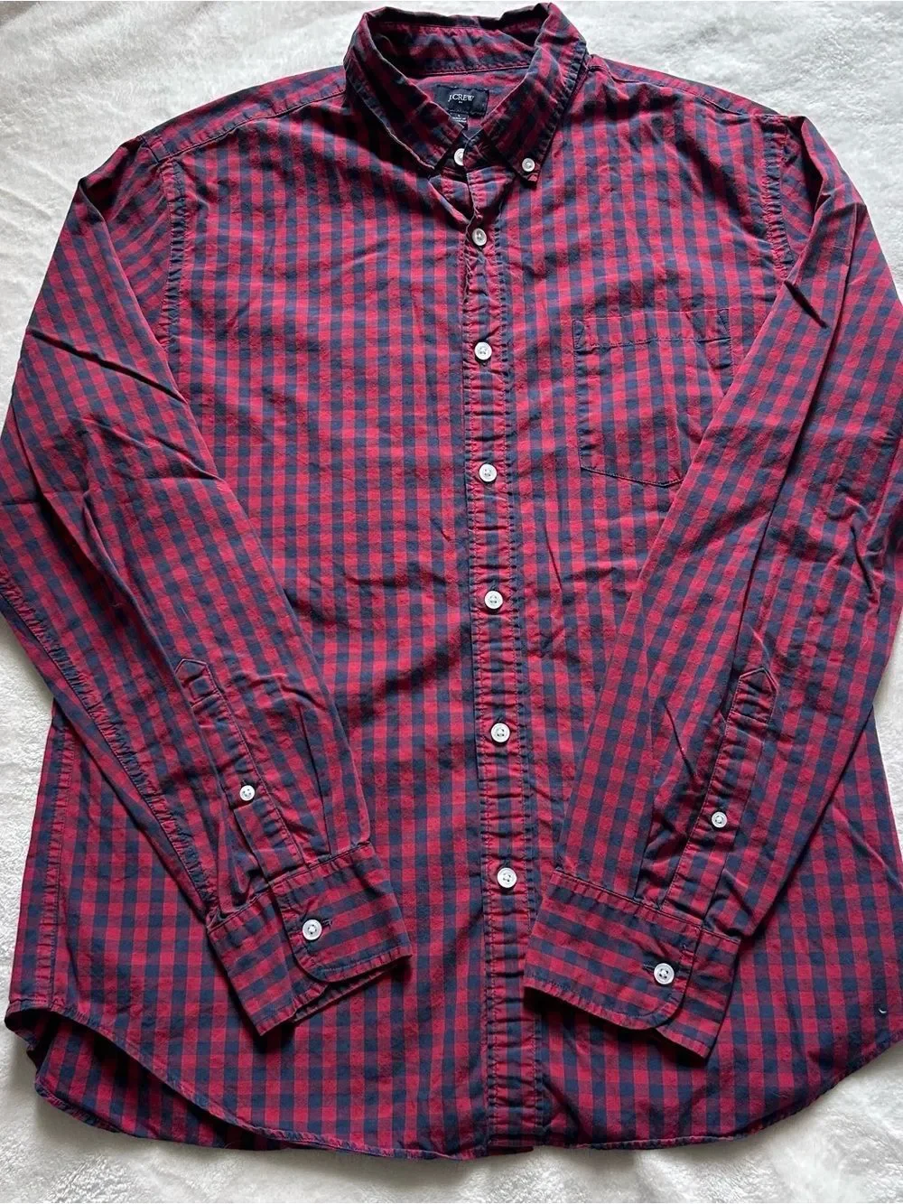 J. Crew Mens Classic Red and Navy Gingham Button-Down Shirt Long Sleeve Cotton L